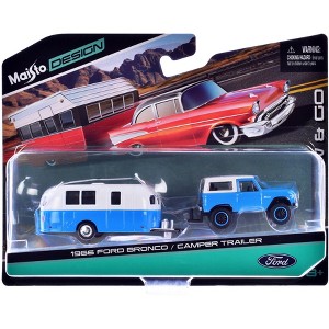 1966 Ford Bronco Blue with White Top and Camper Trailer Blue and White "Tow & Go" Series 1/64 Diecast Model Car by Maisto - 1 of 1