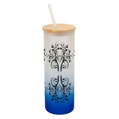 Elanze Designs Vintage Floral Damask Pattern Wrap-Around Design 25 Ounce Frosted Gradient Glass On-The-Go Coffee Travel Skinny Tumbler Mug Cup, Bamboo