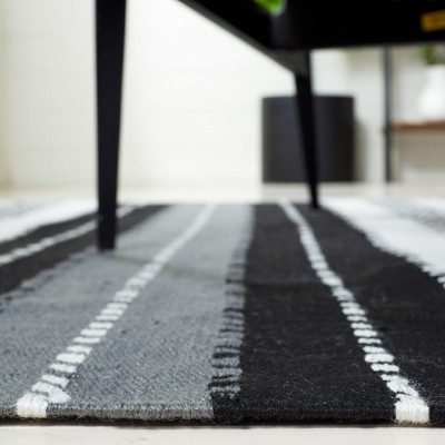Handmade Black and Ivory Striped Wool Square Rug