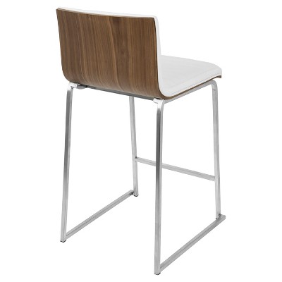 Elegant 26" Mara Modern Counter Stool in White Faux Leather and Walnut