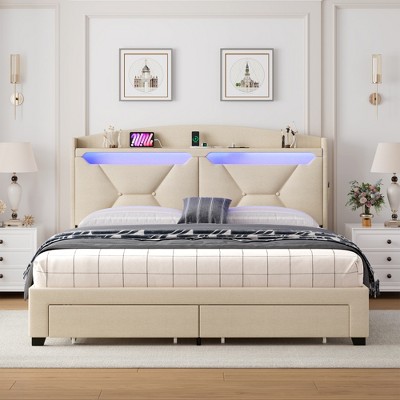 KTMBDW Queen Bed Frame with 2 Drawers, Upholstered Platform Bed with Storage Headboard and Charging Station, No Box Spring Needed