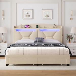 KTMBDW Queen Bed Frame with 2 Drawers, Upholstered Platform Bed with Storage Headboard and Charging Station, No Box Spring Needed - 1 of 4