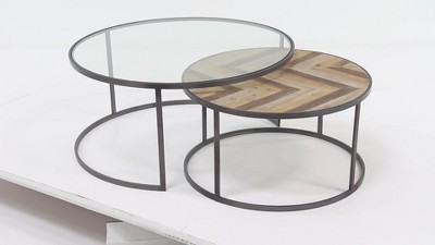 Gray and Brown Round Wood and Glass Nesting Coffee Tables