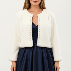 Anna-Kaci Women's Soft Plush Cropped Jacket with Pearl Trim Open Front Long Sleeves and Elegant Textured Finish 23.5in - One Size Fits Most, White - 1 of 4