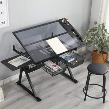 Black Adjustable Tempered Glass Drawing Printing Desk With Chair - ModernLuxe