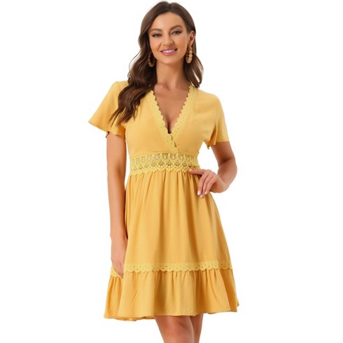 Allegra K Women's Summer V-neck Short Sleeve Crochet Trim A-line Ruffle ...