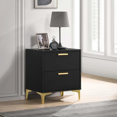 Vynxaria 2-Drawer Rectangular Nightstand - Gold Pull Handles, Bracket Legs, Modern Space-Saving Bedroom Storage