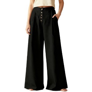 Women's High Waisted Wide Leg Pants - Cotton Linen Blend Casual Palazzo Trousers with Button Closure for Comfort & Style - 1 of 4