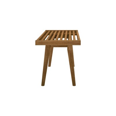 Mid-Century Pecan Solid Wood Entryway Bench with Slatted Design