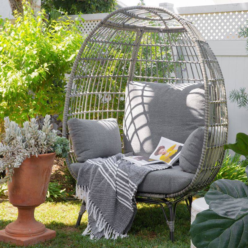 Barton Oversized Wicker Egg Chair Indoor/Outdoor Patio Lounger Seat Cushion Included, Grey, 2 of 7