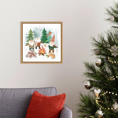 Woodland Gnomes Holiday Canvas Print with Natural Frame