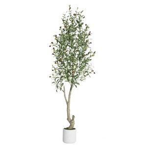 Tall Faux Olive Tree，5ft（60in） Tall Faux Olive Tree with White Planter and Green Fake Moss, 1 Pack - 1 of 4