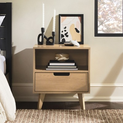 Vynxaria Versatile 1-Drawer Nightstand, Metal Glides, Cutout Handles, Mid-Century Tapered Legs, MDF/UV Foil, Easy Assembly