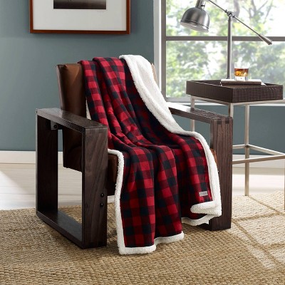 Red Plaid Cotton Sherpa Reversible Throw Blanket and Pillow Set