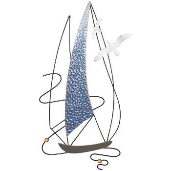 30"x15" Metal Sail Boat Wall Decor with Black Wire Outline and White Bird Accents Blue - Olivia & May