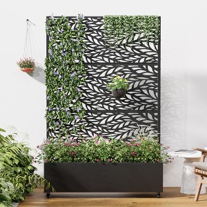 Wooakway Black Metal Planter Box with Trellis Raised Garden Bed with Arbor Privacy Screen with Wheels - 1 of 4