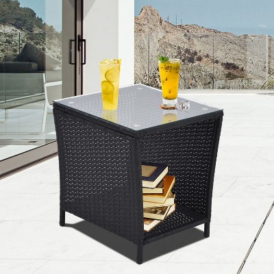 All Weather PE Rattan Patio Coffee Table, Outdoor Side Coffee Table with Storage Shelf - The Pop Home