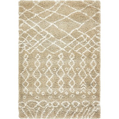 Tan and White Geometric Shag Rug 4' x 6' Synthetic