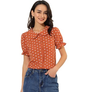 INSPIRE CHIC Women's Elegant Puff Sleeve Polka Dots Peter Pan Collar Vintage Shirt Top - 1 of 4