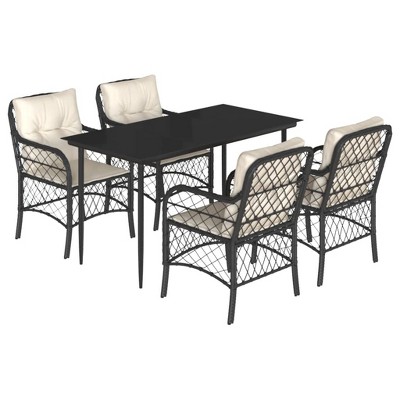vidaXL 5 Piece Black Patio Dining Set with Cushions - Poly Rattan & Tempered Glass for Garden, Backyard, Outdoor Living