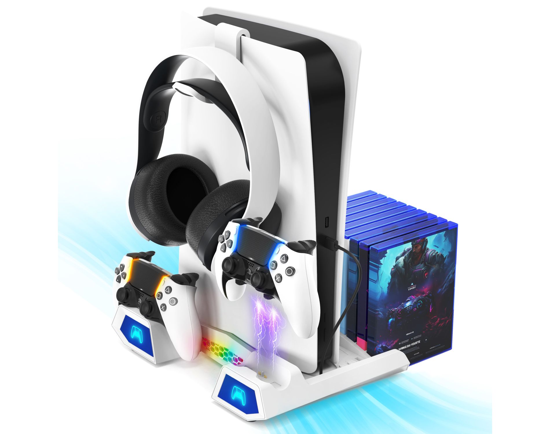 Fosmon For PS5 Cooling Station with PS5 Controller Charger Station For PS5 Pro Slim, PS5 Stand, PS5 Dock with Fan with RGB Headset Hook 15 Disc Holder