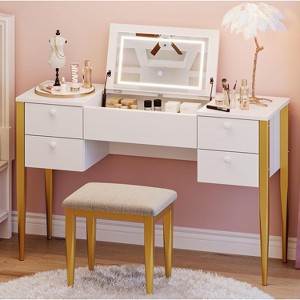 47“ Makeup Vanity Desk with Flip Top Mirror and Lights, 3 Lighting Mode, 3 in 1 Vanity Table with 5 Drawers, Makeup Vanity Set with Chair - 1 of 4