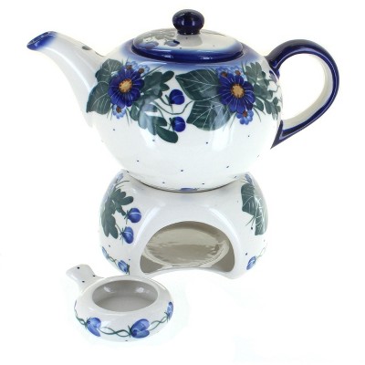Blue Rose Polish Pottery Forget Me Not Teapot with Warmer & Candle Holder