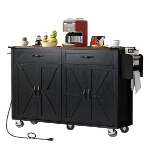 TiramisuBest 53.7in Farmhouse Kitchen Island with Power Outlet, 2 Sliding Barn Door Kitchen Storage Island with Drop Leaf, Spice Rack Rol - 1 of 4