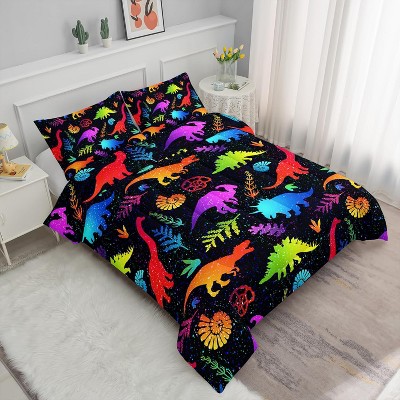 Cartoon Dino Comforter Set Full Size – Neon Dinosaur Bedding 3Pcs with Colorful Dino & Palm Leaves, Kids Boys Quilt Set with 2 Pillowcases