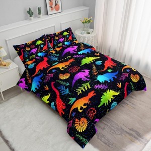 Cartoon Dino Comforter Set Full Size – Neon Dinosaur Bedding 3Pcs with Colorful Dino & Palm Leaves, Kids Boys Quilt Set with 2 Pillowcases - 1 of 4