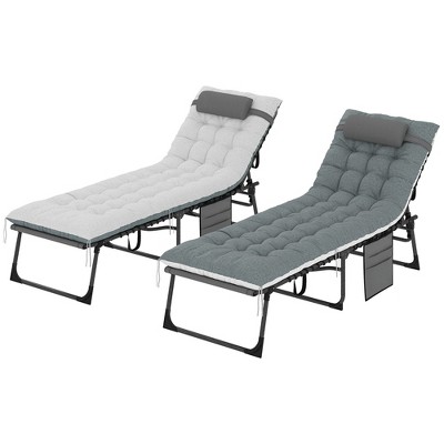 Outsunny 2 Pieces Outdoor Lounge Chairs, 5-Level Reclining Outdoor Chaise Lounge, Folding Tanning Chair with Cushion for Beach, Poolside, Gray