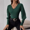 Women's Ribbed V-Neck Top with Textured Puff Sleeves - Slim-Fit Knit Blouse for Casual & Dressy Occasions - 2 of 4