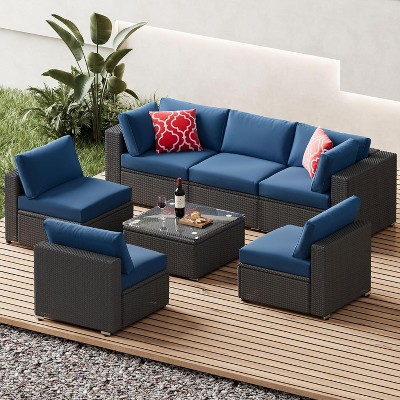 ELJGET 7 Piece Patio Furniture Set Outdoor Wicker Conversation Sets All Weather PE Rattan Sectional Sofa Set with Cushions & Coffee Table