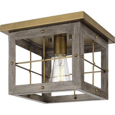 Progress Lighting, Hedgerow Collection, 1-Light, Flush Mount, Distressed Brass, Grey Washed Oak Shade