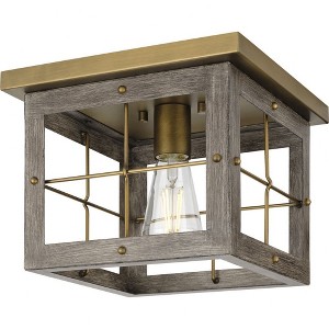 Progress Lighting, Hedgerow Collection, 1-Light, Flush Mount, Distressed Brass, Grey Washed Oak Shade - 1 of 2