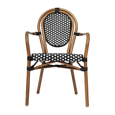 Black and White Wicker Rattan Bistro Dining Chair with Brown Frame