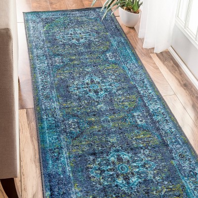 Vintage Blue Synthetic Persian Medallion Runner Rug
