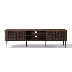 LuxenHome Dark Oak with Basket Weave Design Manufactured Wood 2-Sliding Door TV Console Cabinet Brown - 1 of 4