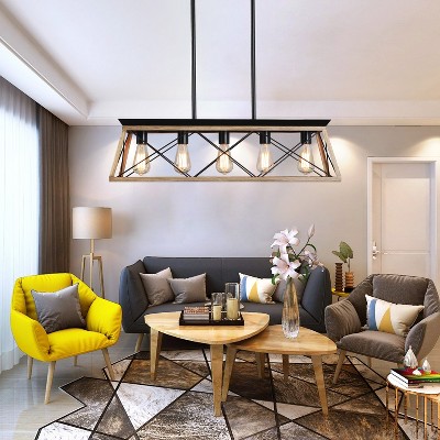 Adjustable Rustic Oak and Black 5-Light Farmhouse Chandelier