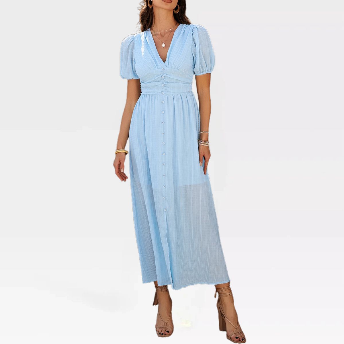 Garvee Women's V Neck Short Sleeve Midi Dress Ruched High Waist Button Front Smocked Back Lantern Sleeve Flowy A-Line Sun Dresses