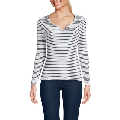 Lands' End Women's Lightweight Waffle Skimming Long Sleeve Notch Neck T-shirt