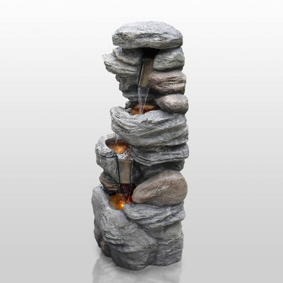 39.37" Rock 3-Tierd Outdoor Waterfall Fountain with LED Light - Natural - Teamson Home