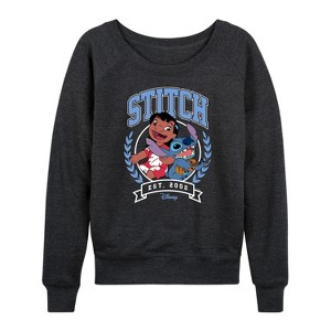 Women's - Disney - Stitch Collegiate Group Lightweight French Terry Wide Neck Long Sleeve Graphic Shirt - 1 of 4