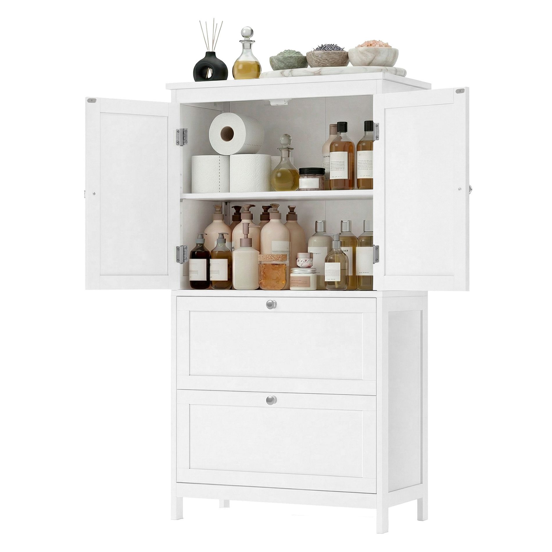 LEDREM Bathroom Floor Storage Cabinet, Freestanding Bathroom Storage Unit with 2 Drawers and Doors, Adjustable Shelf, White