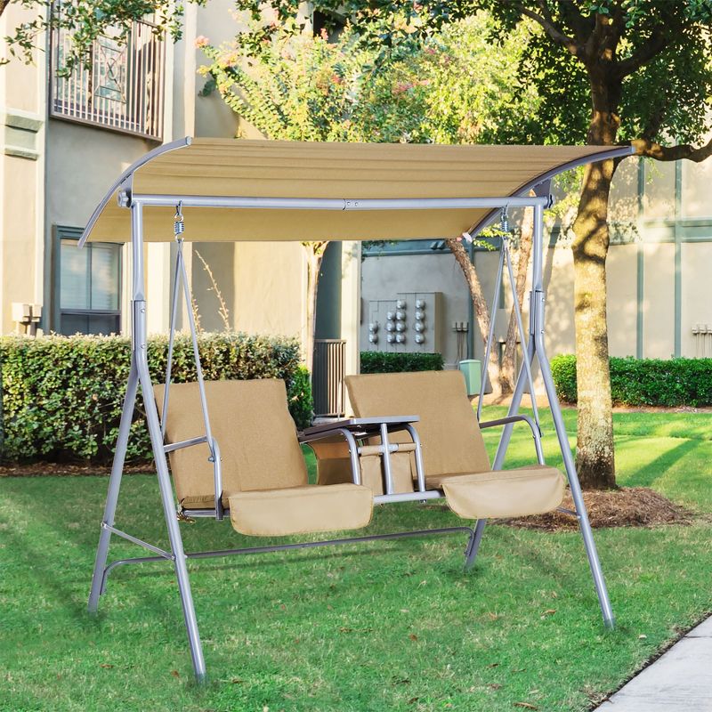 Outsunny 2 Person Porch Swing with Stand, Outdoor Swing with Canopy, Pivot Storage Table, 2 Cup Holders, Cushions for Patio, Backyard, Beige, 3 of 11