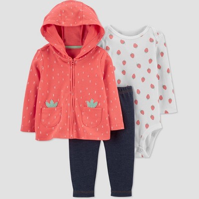 Image of Baby Girls' 3pc Strawberry Top & Bottom Set - Just One You® made by carter's Coral 3M