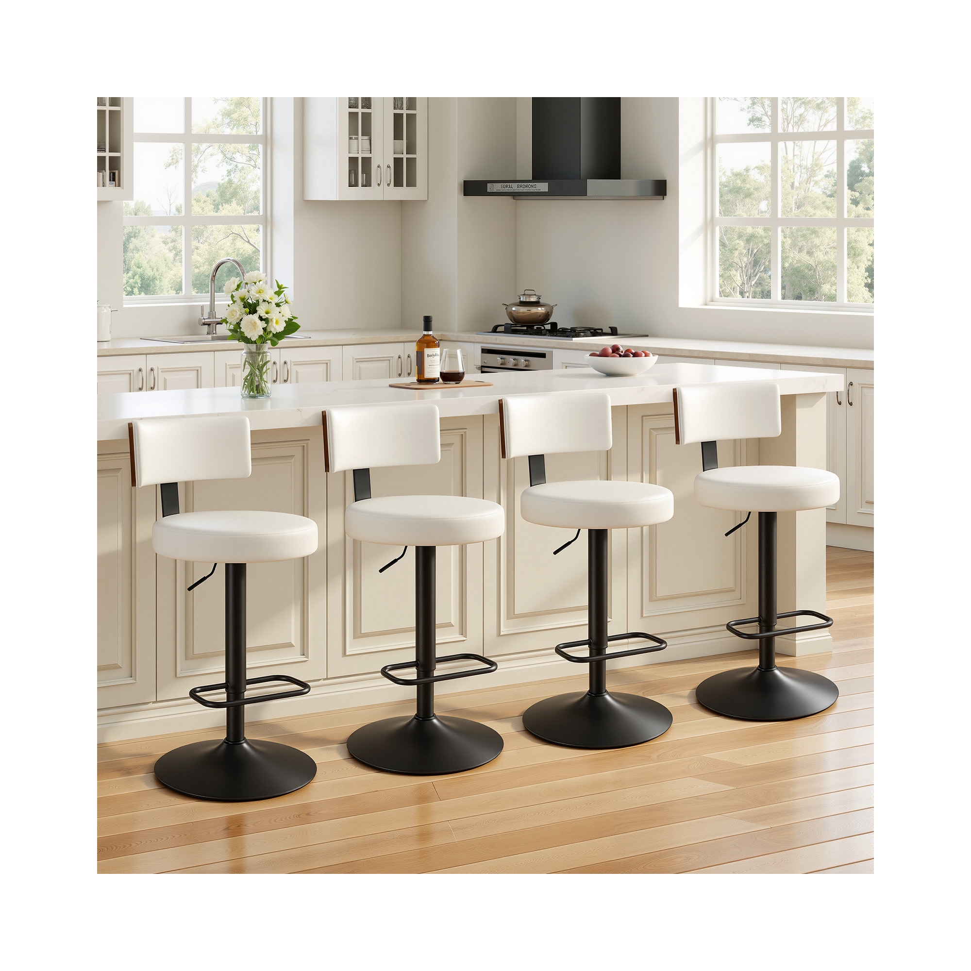 Bekrvio Swivel Bar Stools Set of 4, 3.1" Upholstered PU Leather Seat & Back, 25"-33.3" Adjustable Height, Enlarged Round Base, SGS Certified, White