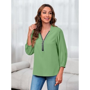 Imily Bela Womens V-Neck Lantern Sleeve Blouse Zipper Design Loose Casual Top Shirts - 1 of 4