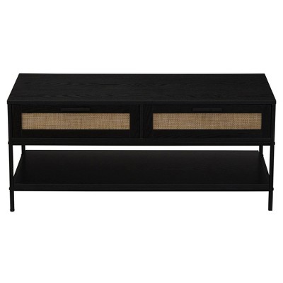 Black Oak Rectangular Coffee Table with Rattan Drawers and Metal Accents