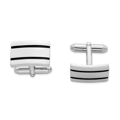 Black Bow Jewelry Men's Sterling Silver & Black Enamel Striped Rectangular Cuff Links